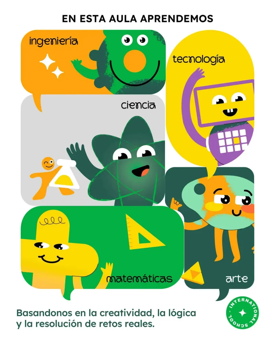 Ilustración colorida de personajes relacionados con ingeniería, ciencia, tecnología, matemáticas y a.