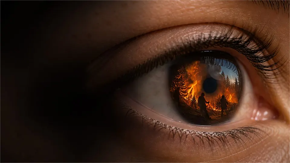 Campaña de prevención de incendios con un incendio reflejado en un ojo