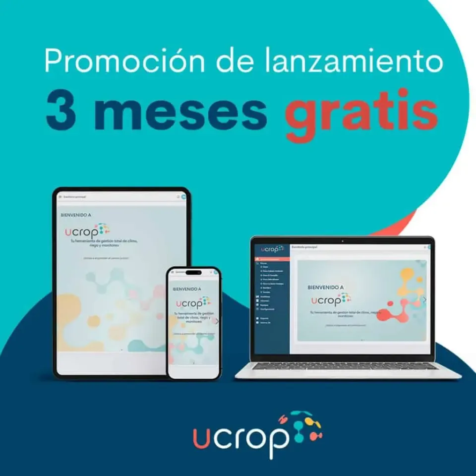 Imagen promocional de Ucrop en dispositivos digitales con oferta de 3 meses gratis.
