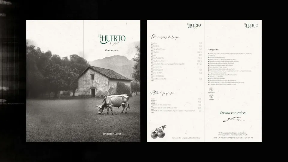 Imagen del logotipo y menú del restaurante El Huerto JC1.