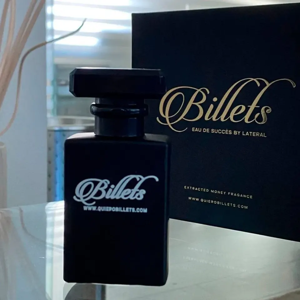 Perfume Billets de Lateral, fragancia de éxito y dinero, presentación elegante.