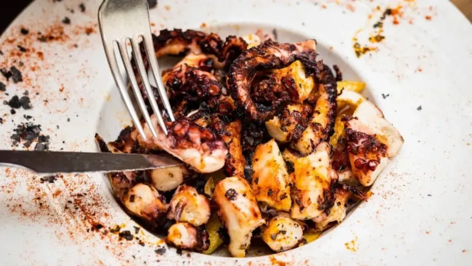 Pulpo a la gallega con patatas y pimentón, presentado en un plato blanco.