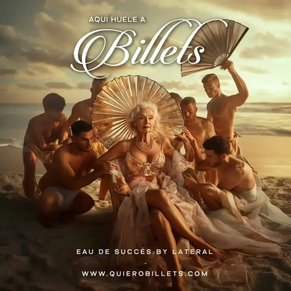 Elegante mujer en la playa con abanicos y jóvenes acompañantes en un atardecer dorado.